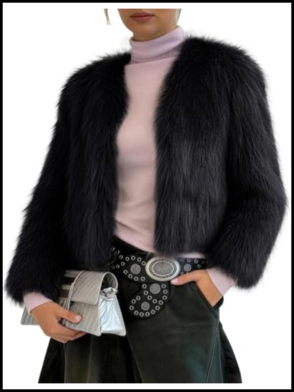 Faux Fur Coat Open Front Cropped Furry Jacket with Pockets